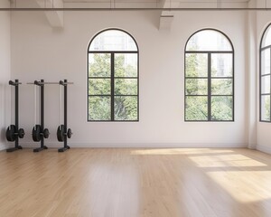 Minimalist gym with all-white equipment, light wood flooring, and large windows for natural light, gym, all-white, natural light