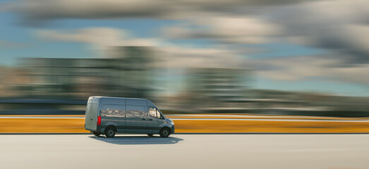 Banner with a cargo van. Driving cargo bus on speed blurred background