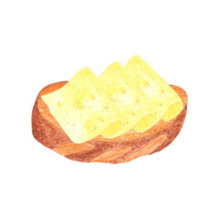 Hand drawn watercolor slices of cheese on the piece of bread isolated on white background. Can be used for postcard, label, scrapbook and other printed products.