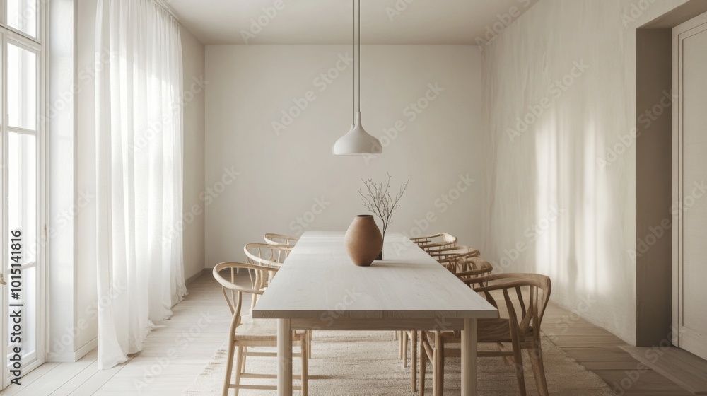 Aufkleber this bright dining room features a long, simple table paired with wooden chairs and a tasteful vase,