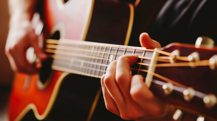 Close-up of hands skillfully playing acoustic guitar indoors during late afternoon light, highlighting musical passion and artistry
