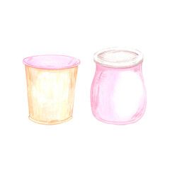 Hand drawn watercolor sour cream and yoghurt in a cup isolated on white background. Can be used for postcard, label, scrapbook and other printed products.