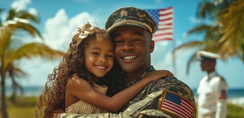 A joyful reunion between a Black military father and his daughter in a tropical setting with an American flag in the background, symbolizing love, patriotism, and family bonds.