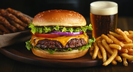  cheeseburger topped with fresh lettuce, ripe tomato, and red onion, featuring a golden brown bun with melted cheddar cheese and  a cup of beer and crispy golden fries, on  a wooden plate