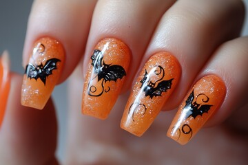 Perfect manicure with Halloween theme nail art. Spooky designs in black and orange colors. Seasonal beauty services and nail salon advertising for banner, poster, nail artist portfolio, copy space