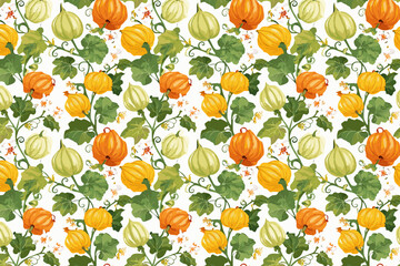 Seamless pattern with pumpkins and leaves on a white background