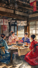 traditional Korean lunar new year celebration Seollal background eating and exchanging gifts in hanok