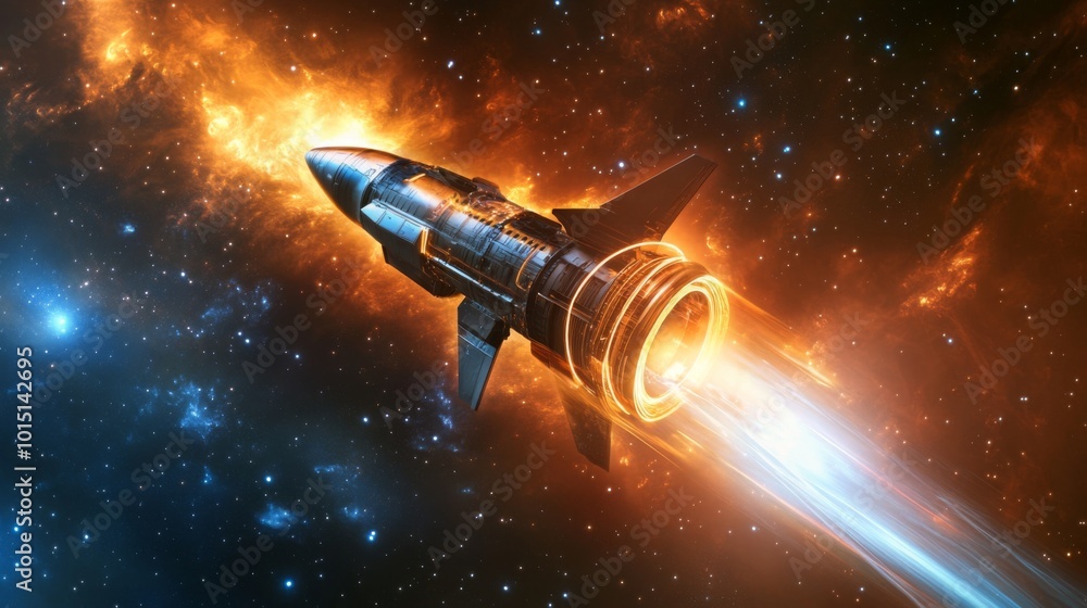 Poster a sleek rocket accelerates through a colorful expanse of space, surrounded by swirling cosmic gases 