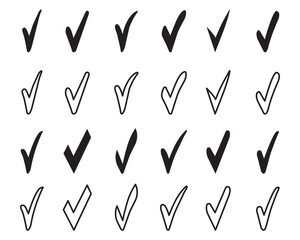 Hand drawn tick mark vector. Check mark vector icon. Tick symbol in black color. pen and crayon check marks signs set.