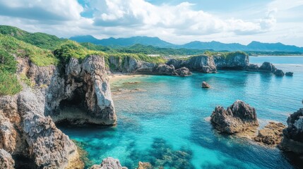 A mesmerizing shot of the blue waters of Cape Manzamo in Okinawa, with its unique rock formations and stunning coastal views.