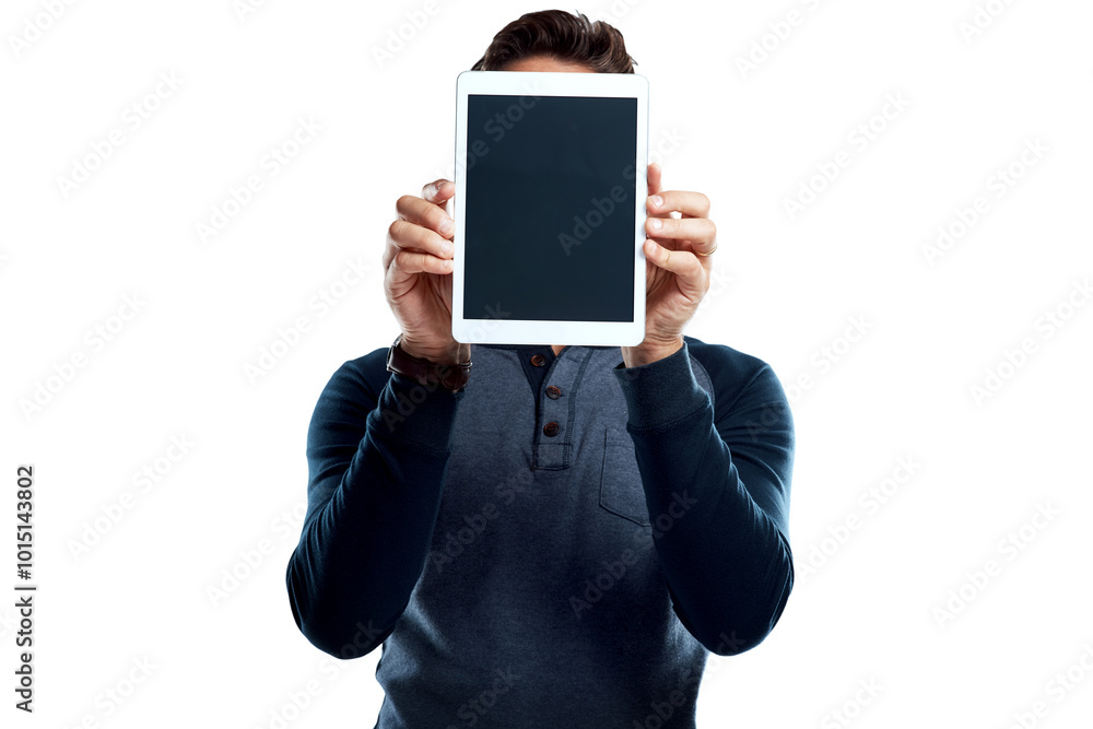 Poster tablet, screen and man in studio presentation on website, ux software or online connection space. pr