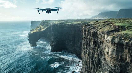 A drone hovers above the Cliffs while documenting the stunning landscape. The dramatic cliffs rise...