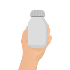 Human Hand Holds Plastic Medical Bottle, Isolated On White Background. Flat Vector Illustration
