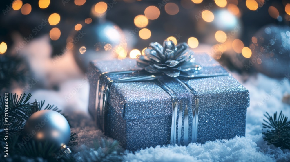Poster a silver gift box with a pine cone bow sits on a bed of snow. the box has a silver ribbon and a pine