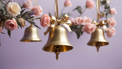 Obraz premium Delicate Golden Bells Adorned With Pink Roses Create a Charming Floral Decoration for a Joyful Celebration