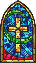 Church glass window. Gothic cathedral color stained frame. Catholic vintage architecture religion mosaic element