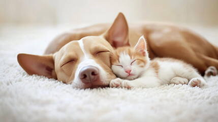 Naklejka premium Mały kociak leży skulony obok śpiącego szczeniaka, ich futerka delikatnie się dotykają. 