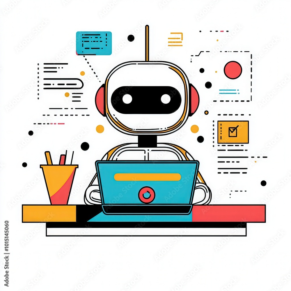 Poster robot at work: ai assistant efficiently working on laptop