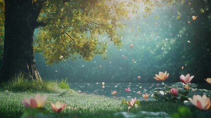 Naklejka premium Kreatywne tło na świeżym powietrzu wypełnione jest bujną zielenią drzew i kolorowymi kwiatami.