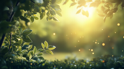 Naklejka premium Kreatywne tło na świeżym powietrzu wypełnione jest bujną zielenią drzew i kolorowymi kwiatami.