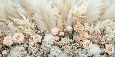 A close-up of a bouquet of pink roses and white flowers, set against a backdrop of soft, feathery pampas grass.