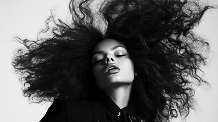 Fototapeta premium Modelka o olśniewającej urodzie prezentuje się w wyrazistej stylizacji, w której jej ogromne, bujne włosy przyciągają wszystkie spojrzenia.