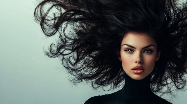 Modelka o olśniewającej urodzie prezentuje się w wyrazistej stylizacji, w kt&oacute;rej jej ogromne, bujne włosy przyciągają wszystkie spojrzenia.