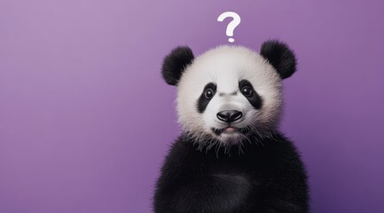 Obraz premium Cute confused panda with question marks isolated on purple background 