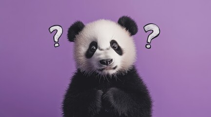 Fototapeta premium Cute confused panda with question marks isolated on purple background 