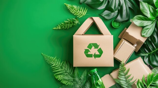 Eco-friendly recycling concept with cardboard boxes and green foliage for sustainability initiatives
