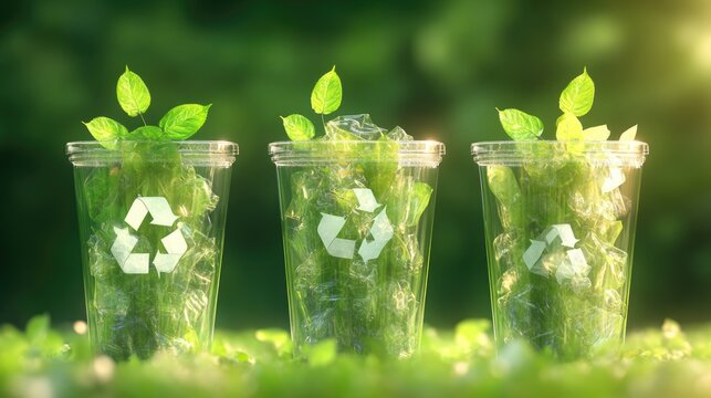 Recycling awareness with eco-friendly cups and green leaves for recycle week