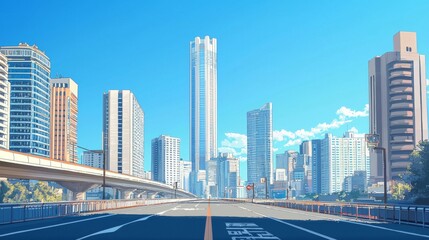 Obraz premium ultrasharp cartoon photography of a beautiful modern city with modern skyscraper in the background, and with an asphalt street in front, sun is shining, blue heaven without clouds, 