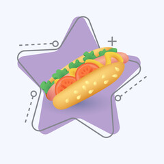 3d cartoon style colored hot dog icon on white background. Realistic hot dog with mustard, slices of tomatoes and lettuce leaves flat vector illustration. Junk or fast food, unhealthy diet concept