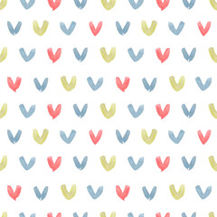 Hand drawn watercolor blue green and red hearts seamless pattern isolated on white background. Valentine illustration Can be used for textile, fabric, scrapbook and other printed products.