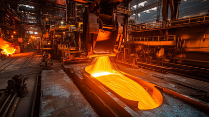 Molten metal pouring at a large industrial foundry during nighttime, showcasing the intense activity and glowing furnaces