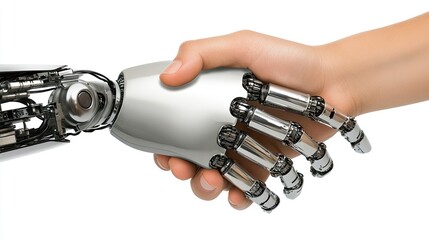 A robotic hand shaking hands with a human, symbolizing a partnership between AI and human intelligence in business and technology.