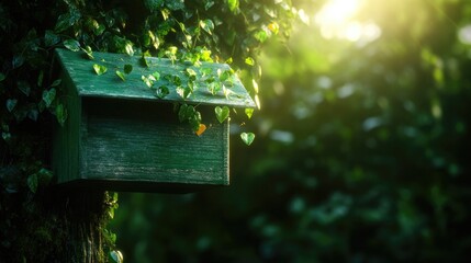 Enchanted forest mailbox illuminated by sunlight on world post day - nature and communication concept