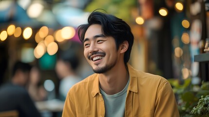 Fototapeta premium A Smiling Young Man in a Yellow Shirt in a Bokeh Background