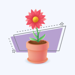3d cartoon style flower in pot icon on white background. Realistic plant in pot with leaves flat vector illustration. Gardening, nature, foliage, growth, ecology concept