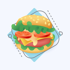 3d cartoon style delicious burger icon on white background. Hamburger or cheeseburger with fresh vegetables flat vector illustration. Fast or junk food, unhealthy diet concept