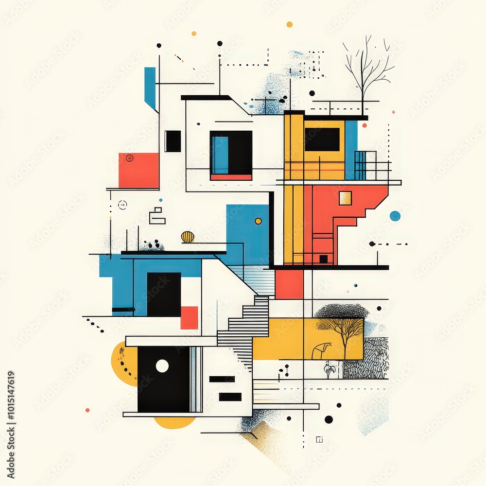 Poster modern architectural abstract: a bold and vibrant abstract illustration of a futuristic building, bl