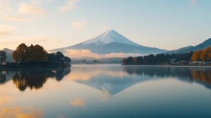 A serene view of the iconic Mount Fuji, with its snow-capped peak reflecting on Lake Kawaguchi at sunrise.