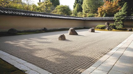 A serene view of the Zen rock garden at Ryoan-ji Temple in Kyoto, a symbol of tranquility and simplicity.