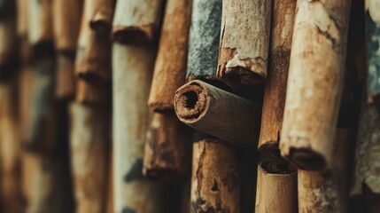 A close-up of brown cinnamon sticks stacked neatly, with fine details of the bark and soft shadows