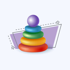 3d cartoon style colorful toy pyramid icon on white background. Realistic childrens toy for playing games flat vector illustration. Recreation, entertainment, development concept