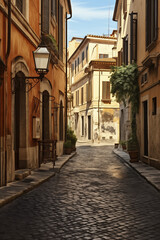 Fototapeta premium Charming cobblestone street in a quiet neighborhood with vintage lamps and sunlight creating a warm atmosphere 
