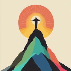 Reaching New Heights: A silhouette of a man standing atop a mountain, arms outstretched towards the rising sun, symbolizing hope, faith, and the pursuit of dreams.  