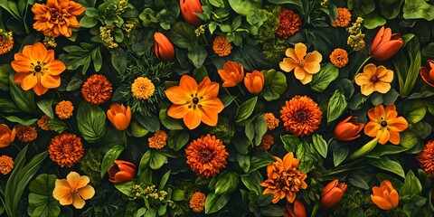 A close-up of a vibrant orange flower arrangement, featuring a variety of blossoms and leaves.