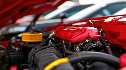 Detailed view of a car engine with red and yellow components, white isolate background.