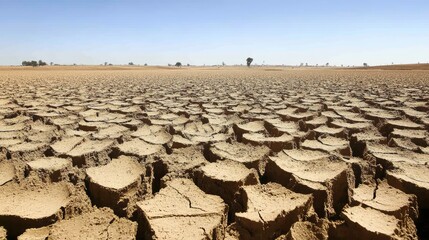 Fototapeta premium A vast, cracked landscape of dry earth. The deep fissures in the soil highlight the severity of drought and environmental damage.